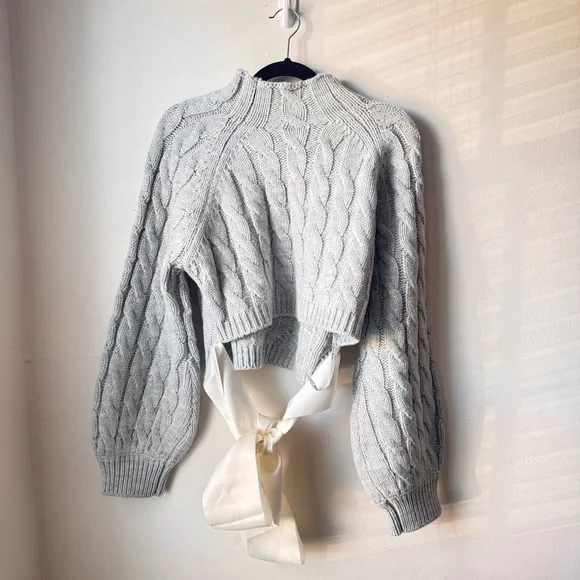 For Love and Lemons | BNWT Grey Lise Chunky Cropped Sweater w/ Ribbon Size Large - Picture 9 of 11